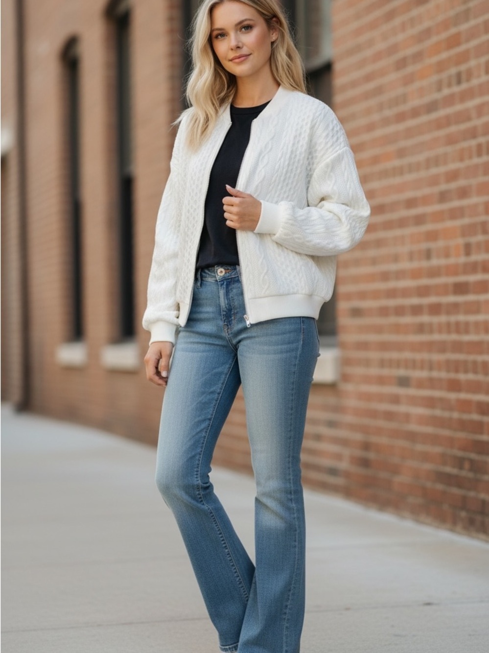 SHEIN White Cable Knit Zip Cardigan